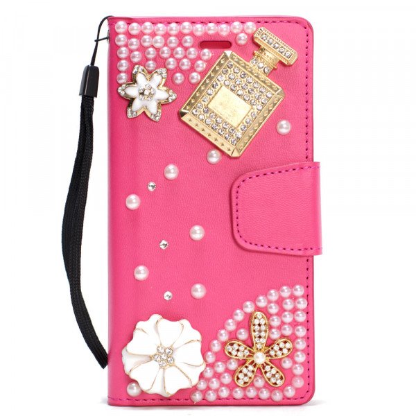 Wholesale iPhone XS / X Crystal Flip Leather Wallet Case with Strap (Perfume Hot Pink)